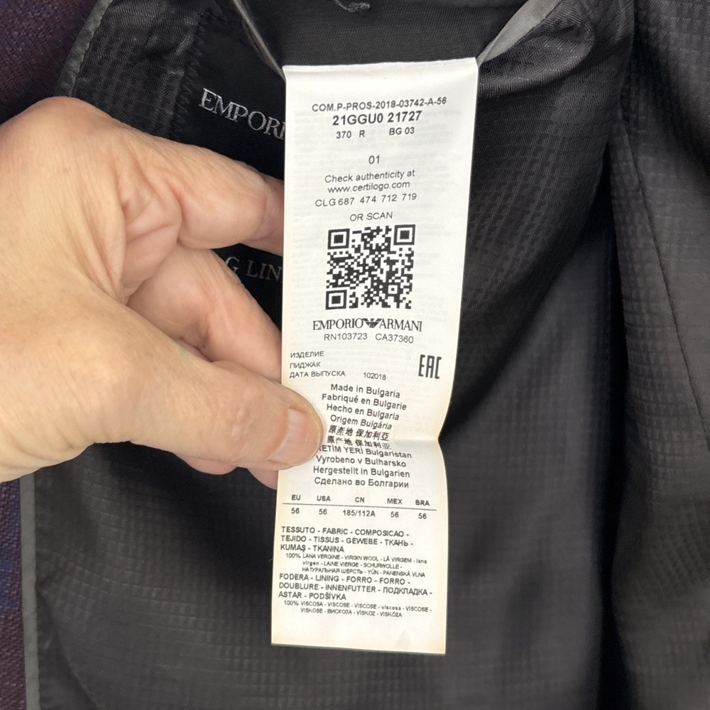 Emporio Armani G-Line Purple Check Wool Sport Coat Super 130's 56 EUR 46 US - Picture 12 of 16